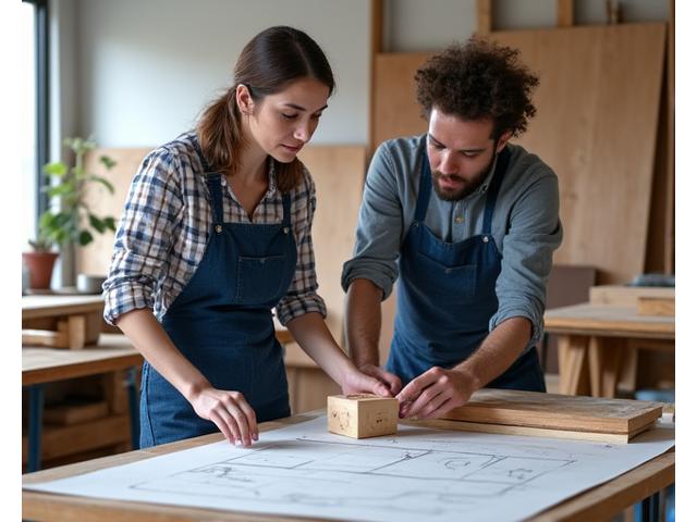 Founders collaborating on modular shelf prototypes in a clean workshop