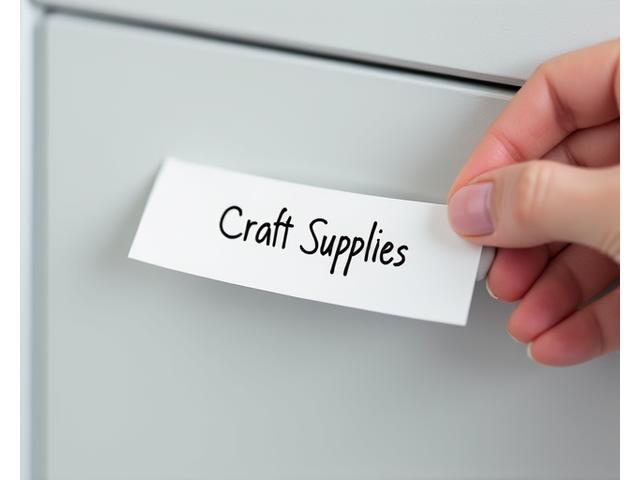 Hand applying a minimalist label to the front of a storage drawer.