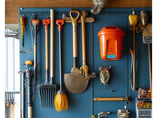 Garden tools and lawn equipment hanging neatly on a garage wall organizer