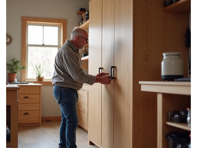 Homeowner locking away valuable woodworking tools in a secure cabinet within a pristine home workshop, emphasizing peace of mind.