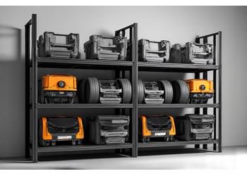 Heavy-duty steel garage rack system with industrial items